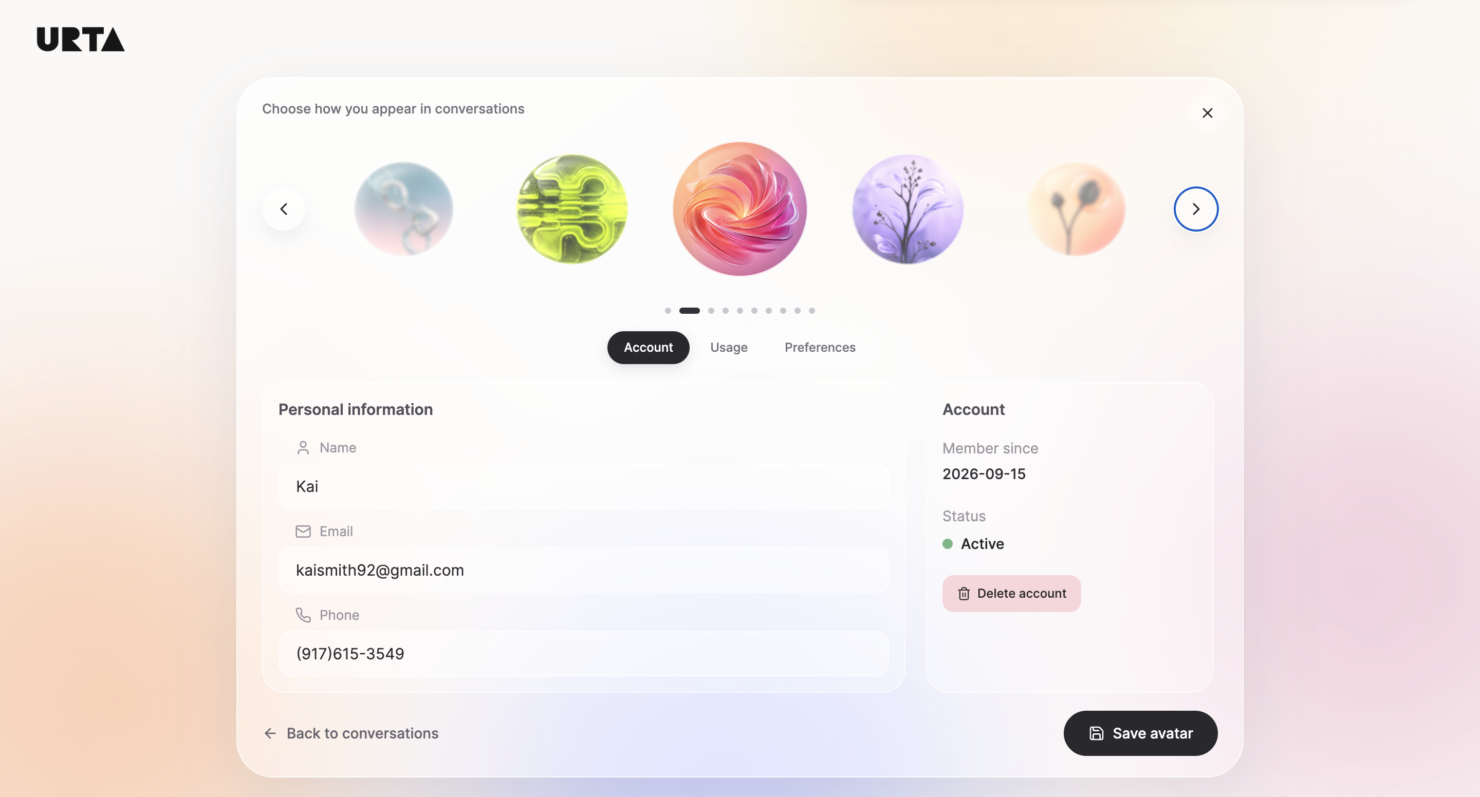 Urta profile account tab